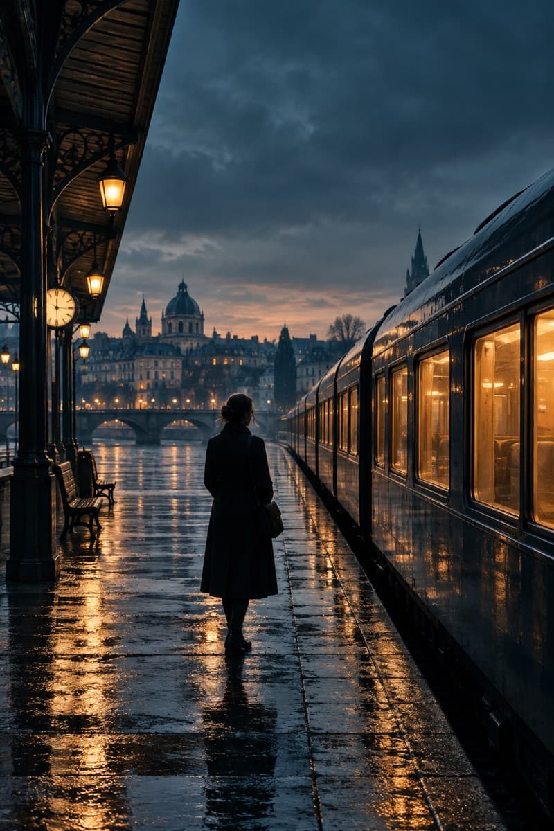Illustration d’une gare au crépuscule pour un roman fictif